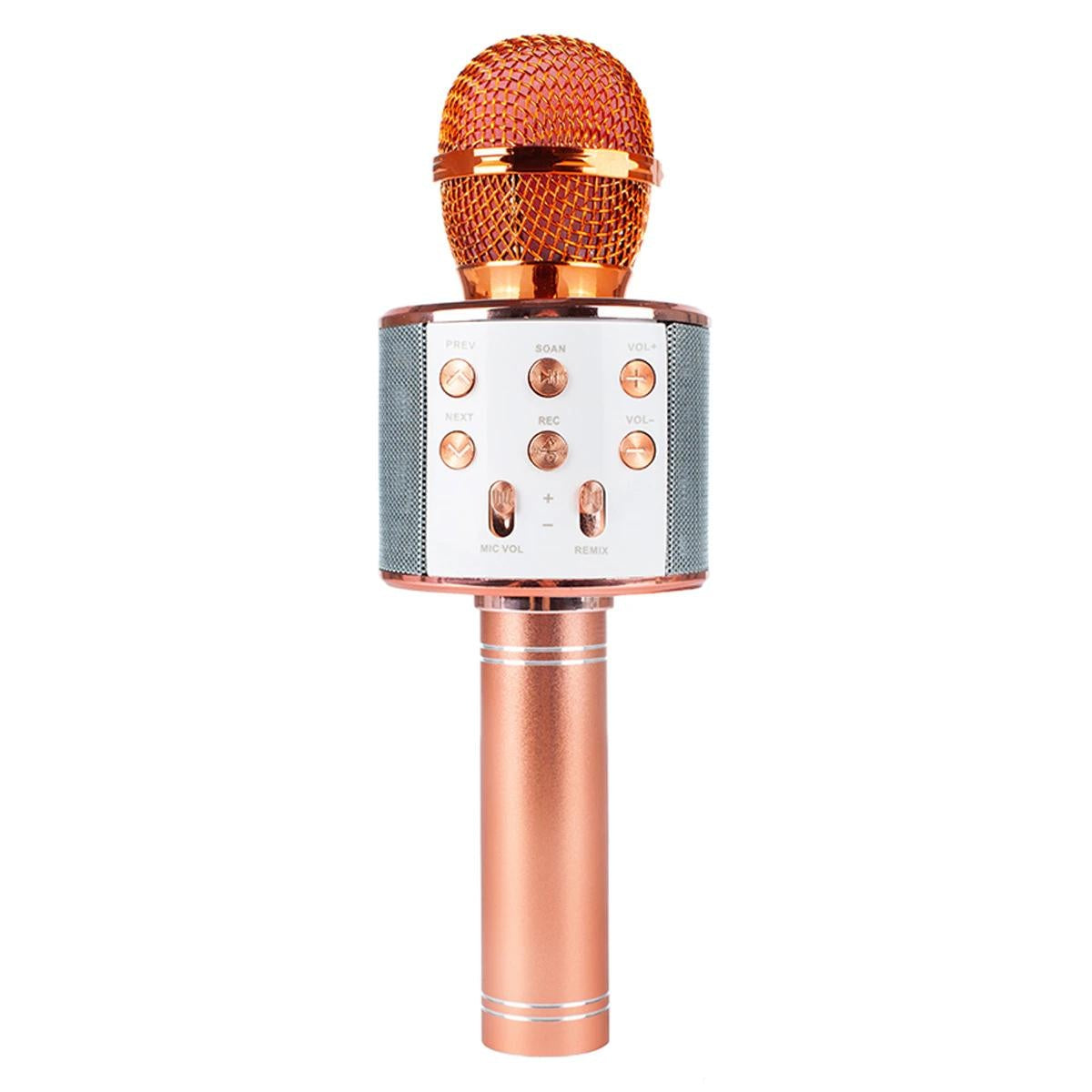Microfon karaoke wireless Bluetooth cu difuzor, voice changer, USB si TF Card, rose gold