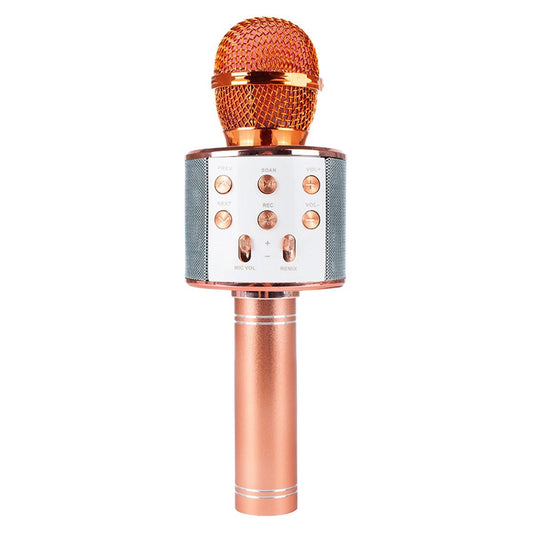 Microfon karaoke wireless Bluetooth cu difuzor, voice changer, USB si TF Card, rose gold