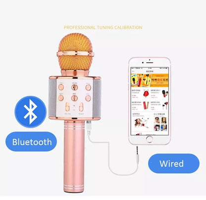 Microfon karaoke wireless Bluetooth cu difuzor, voice changer, USB si TF Card, rose gold