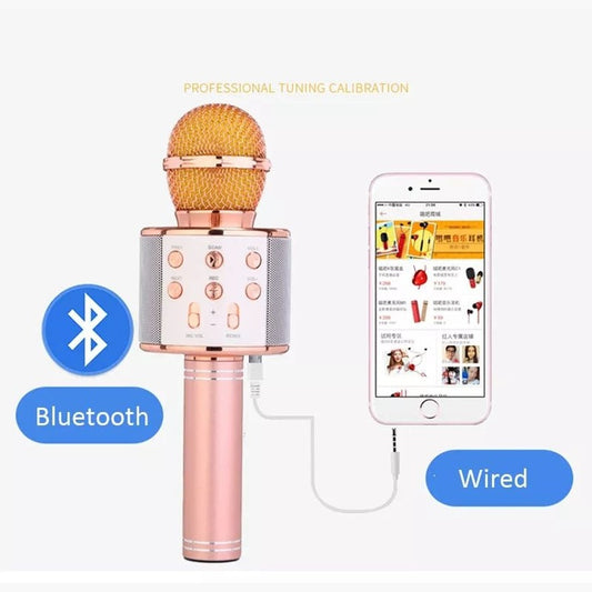 Microfon karaoke wireless Bluetooth cu difuzor, voice changer, USB si TF Card, rose gold