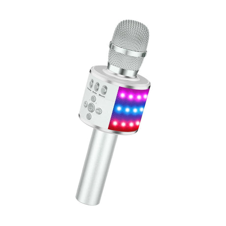 Microfon karaoke wireless cu boxa Bluetooth, efecte vocale si lumini LED, argintiu