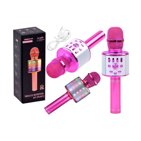 Microfon karaoke wireless cu boxa Bluetooth, lumini LED si efecte vocale, roz