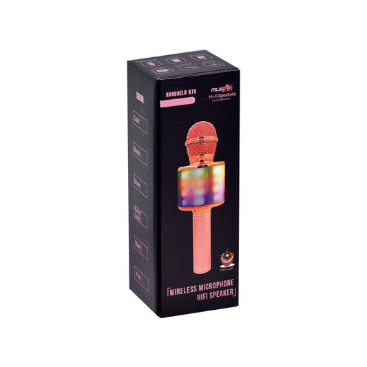 Microfon karaoke wireless cu boxa Bluetooth, lumini LED si efecte vocale, roz
