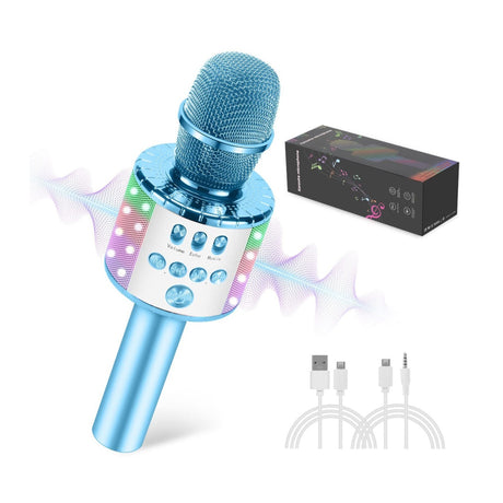 Microfon karaoke wireless cu boxa Bluetooth, lumini LED si efecte vocale, albastru