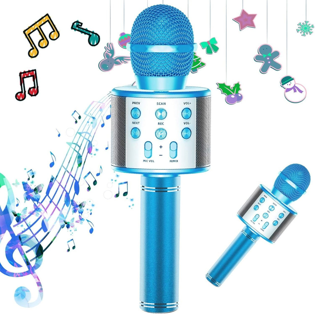 Microfon karaoke wireless cu boxa Bluetooth, lumini LED si efecte vocale, albastru