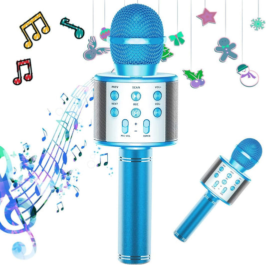 Microfon karaoke wireless cu boxa Bluetooth, lumini LED si efecte vocale, albastru