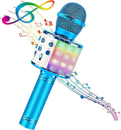 Microfon karaoke wireless cu boxa Bluetooth, lumini LED si efecte vocale, albastru