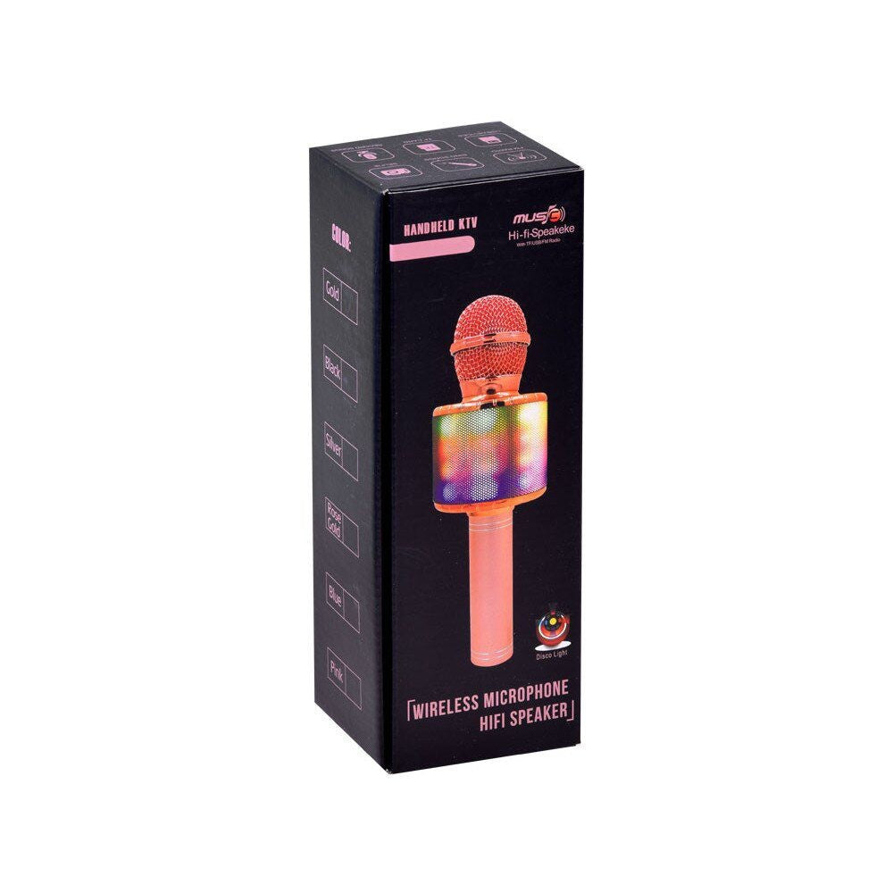Microfon karaoke wireless cu boxa Bluetooth, lumini LED si efecte vocale, albastru