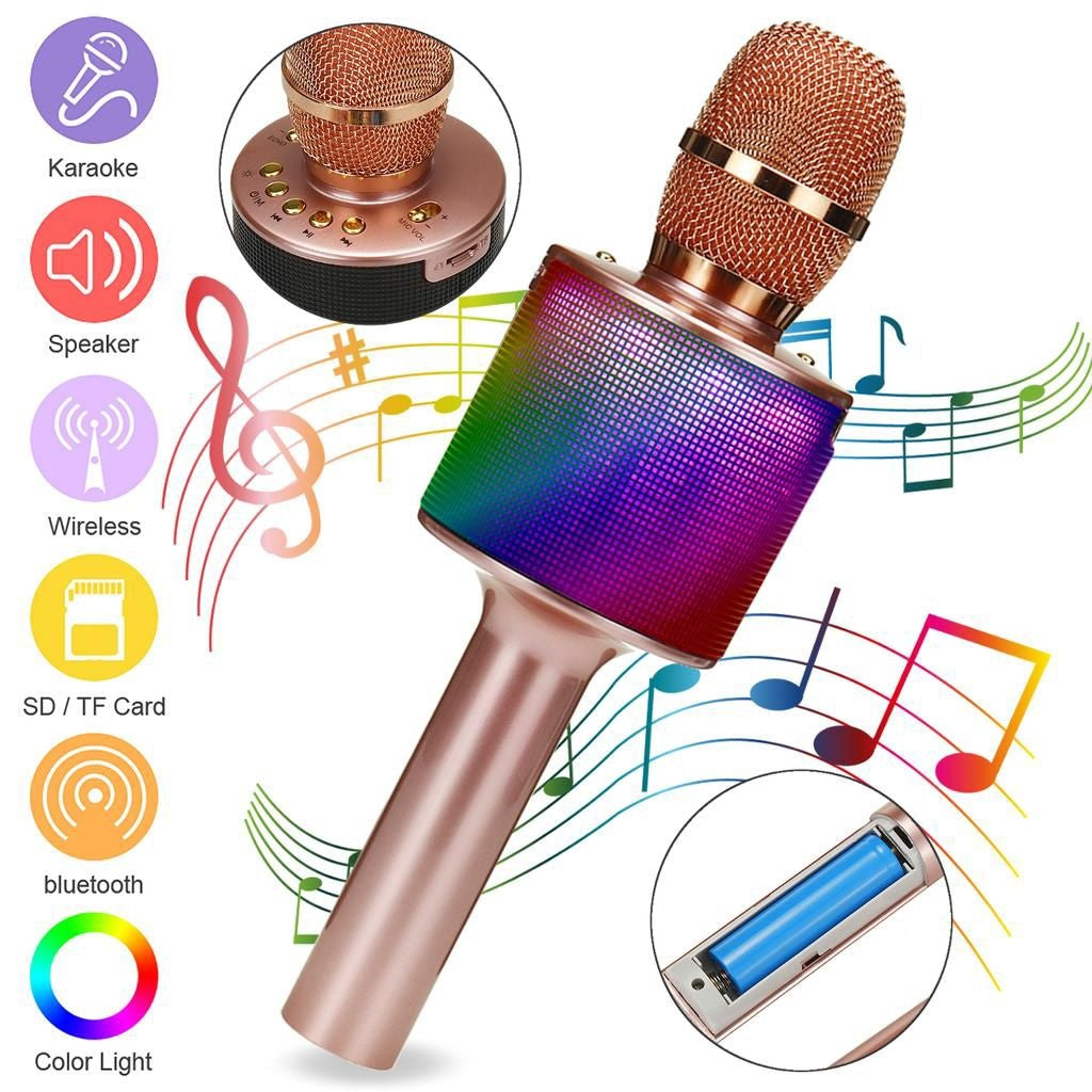 Microfon karaoke wireless cu boxa Bluetooth, lumini LED si efecte vocale, rose gold