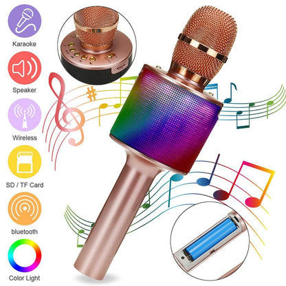Microfon karaoke wireless cu boxa Bluetooth, lumini LED si efecte vocale, rose gold