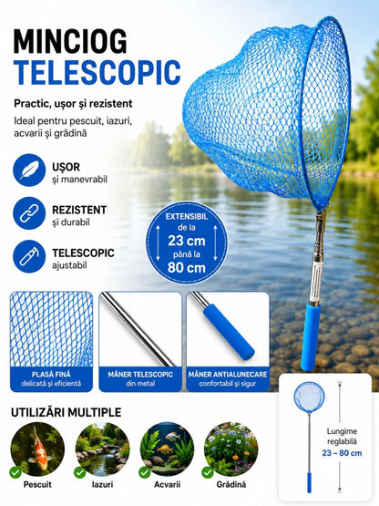 Minciog Telescopic Extensibil Albastru 23–80 cm pentru Pescuit, Acvarii și Iazuri – Ușor și Rezistent