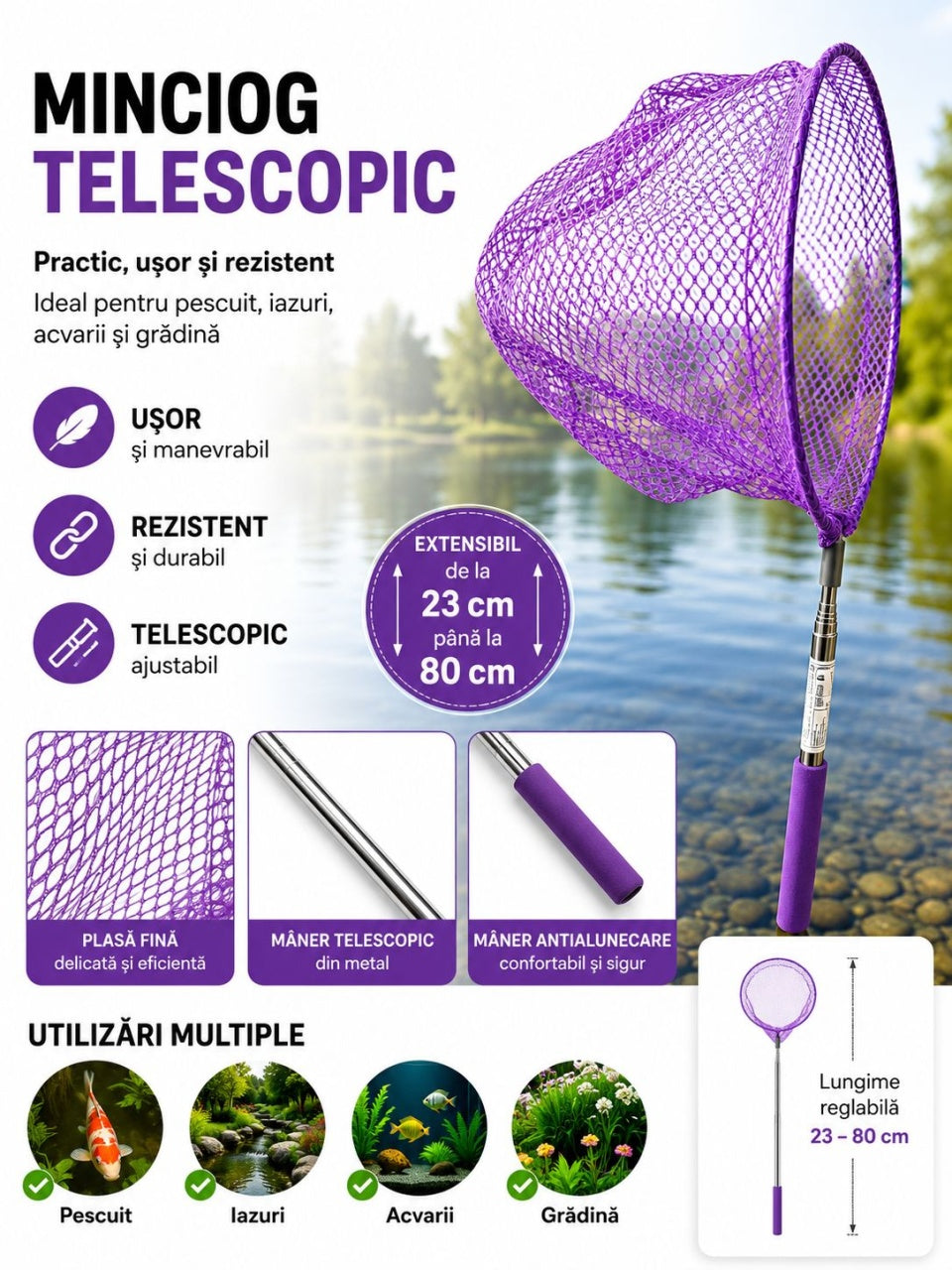 Minciog Telescopic Extensibil Mov 23–80 cm – pentru Pescuit, Acvariu și Iazuri