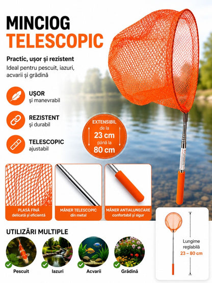 Minciog Telescopic Extensibil Portocaliu 23–80 cm pentru Pescuit și Acvarii – Ușor, Rezistent și Reglabil