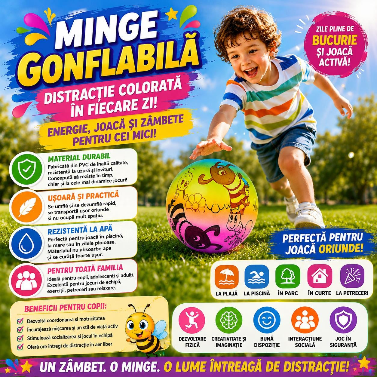 Minge Gonflabilă Colorată pentru Copii cu Insecte Vesele - Joacă Activă și Distracție Zilnică