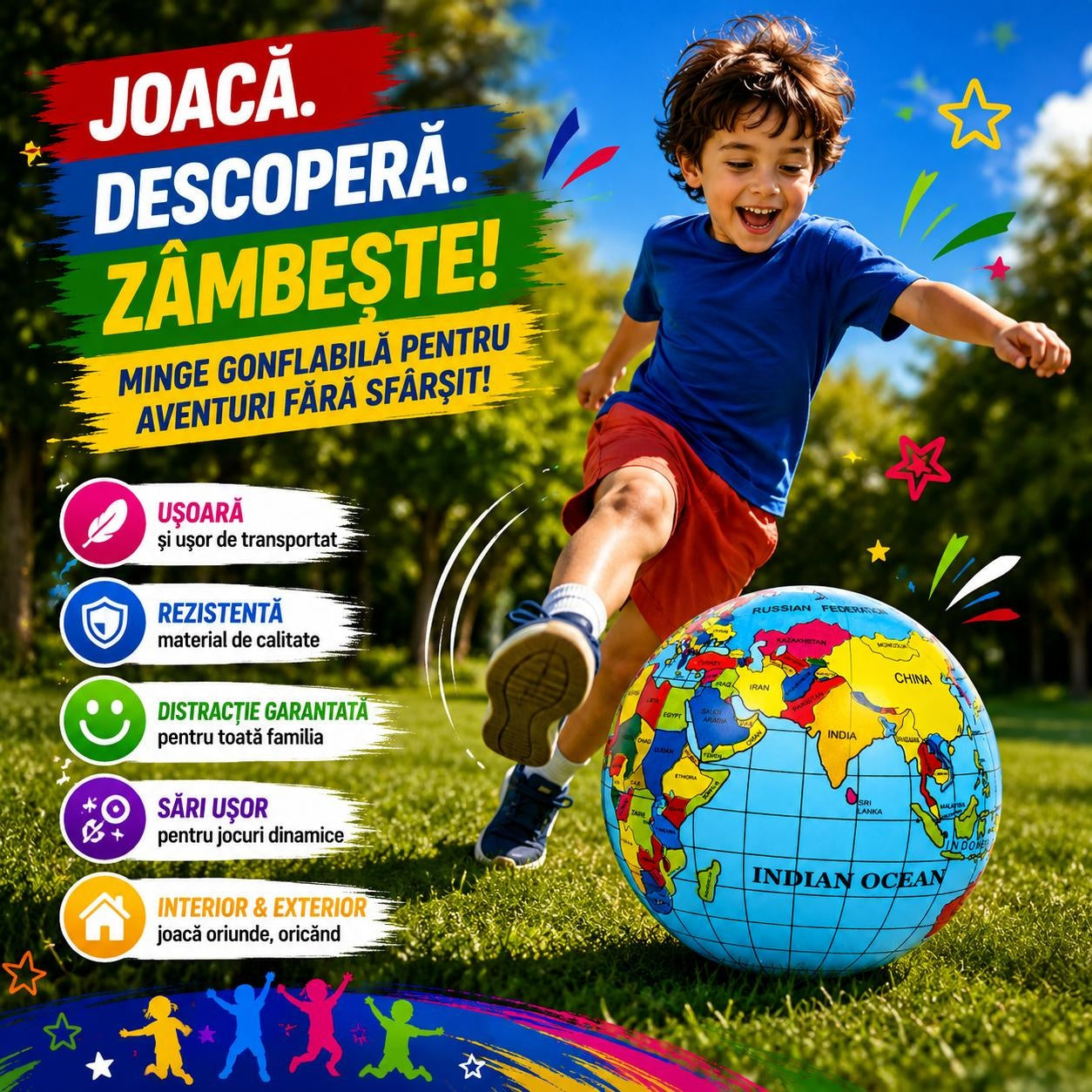 Minge Gonflabilă Educativă pentru Copii - Model Hartă Mondială, Joacă și Învățare