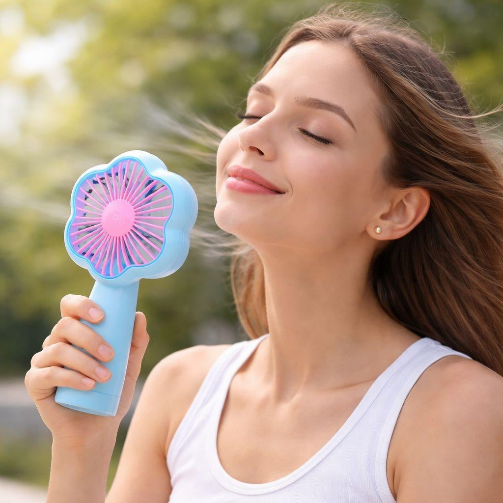 Mini ventilator portabil de mana, design floare, reincarcabil USB, albastru
