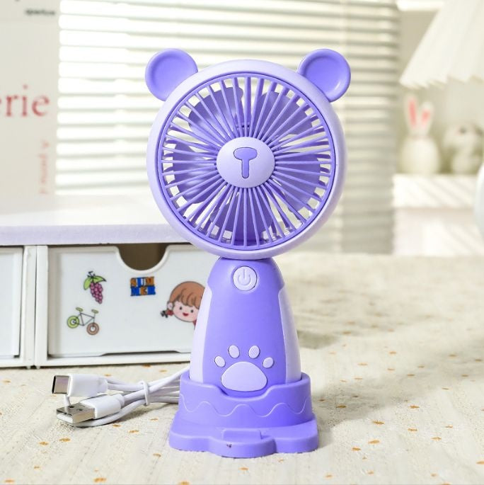 Mini Ventilator Portabil USB cu 3 Viteze, Suport Telefon si Baza, Model Urs, Mov