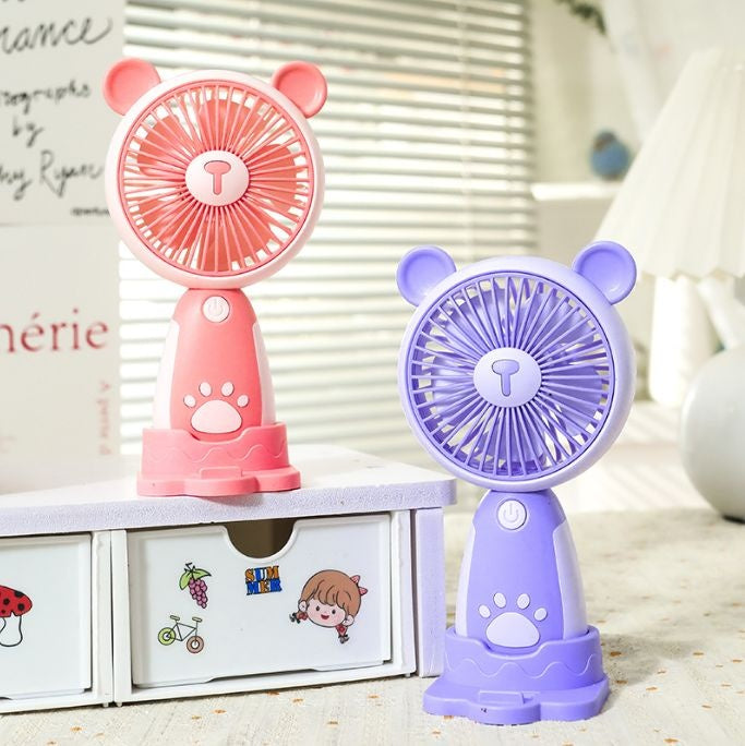 Mini Ventilator Portabil USB cu 3 Viteze, Suport Telefon si Baza, Model Urs, Mov