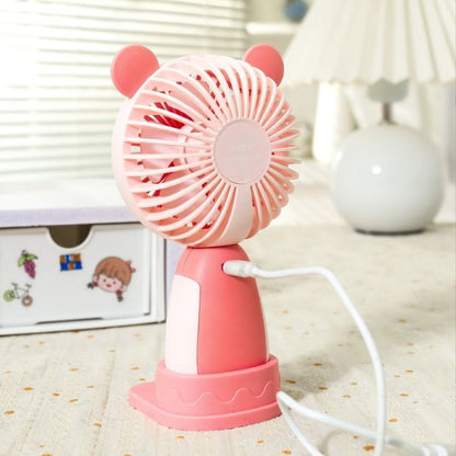 Mini Ventilator Portabil USB cu 3 Viteze, Suport Telefon si Baza, Model Urs, Roz
