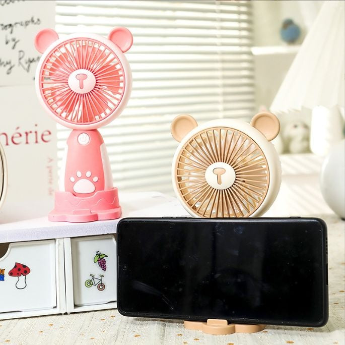 Mini Ventilator Portabil USB cu 3 Viteze, Suport Telefon si Baza, Model Urs, Roz