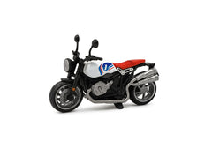 Motocicleta Metalica Die-Cast , Model Retro Cafe Racer Alb cu Sa Rosie, 19x9 cm