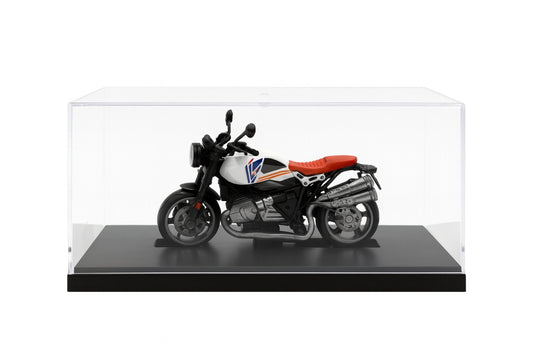 Motocicleta Metalica Die-Cast , Model Retro Cafe Racer Alb cu Sa Rosie, 19x9 cm