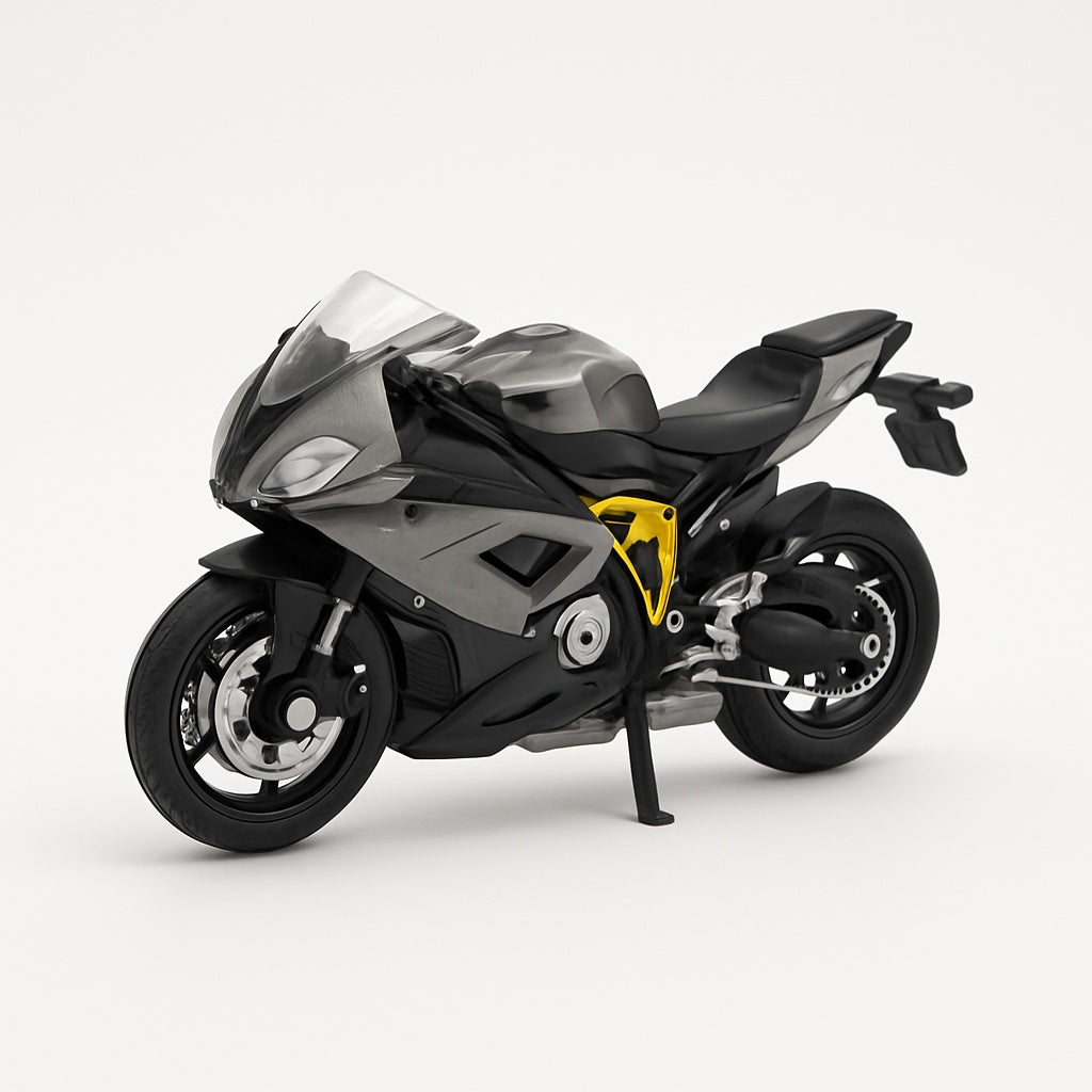 Motocicleta Metalica Die-Cast , Model Sport Gri-Negru cu Galben, 19x9 cm, cu Vitrina Transparenta