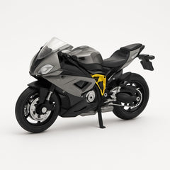 Motocicleta Metalica Die-Cast , Model Sport Gri-Negru cu Galben, 19x9 cm, cu Vitrina Transparenta
