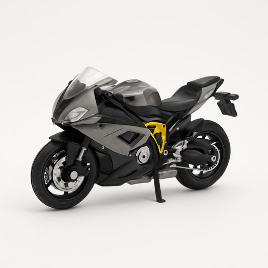 Motocicleta Metalica Die-Cast , Model Sport Gri-Negru cu Galben, 19x9 cm, cu Vitrina Transparenta