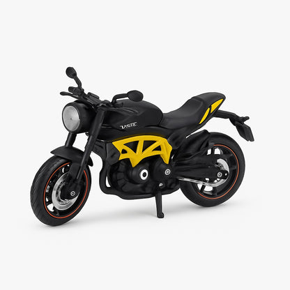 Motocicleta Metalica Die-Cast , Model Sport Negru cu Galben, 19x9 cm, cu Vitrina Transparenta