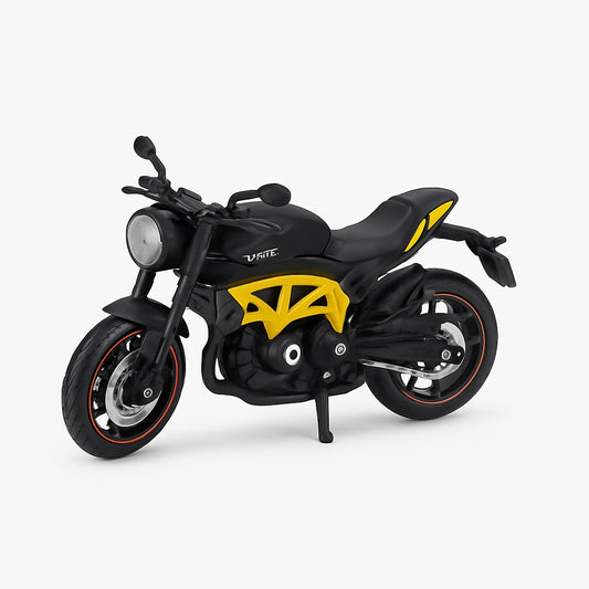 Motocicleta Metalica Die-Cast , Model Sport Negru cu Galben, 19x9 cm, cu Vitrina Transparenta