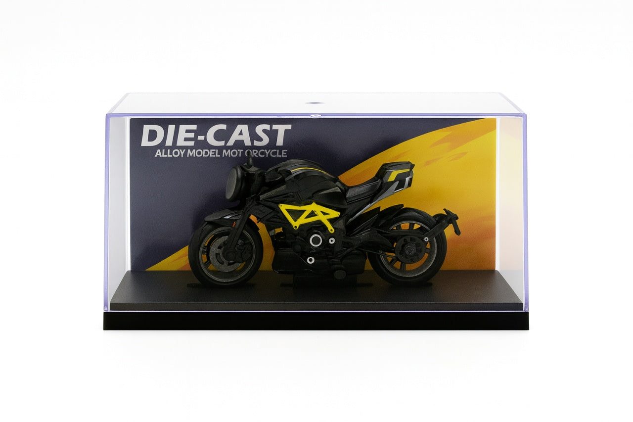 Motocicleta Metalica Die-Cast , Model Sport Negru cu Galben, 19x9 cm, cu Vitrina Transparenta