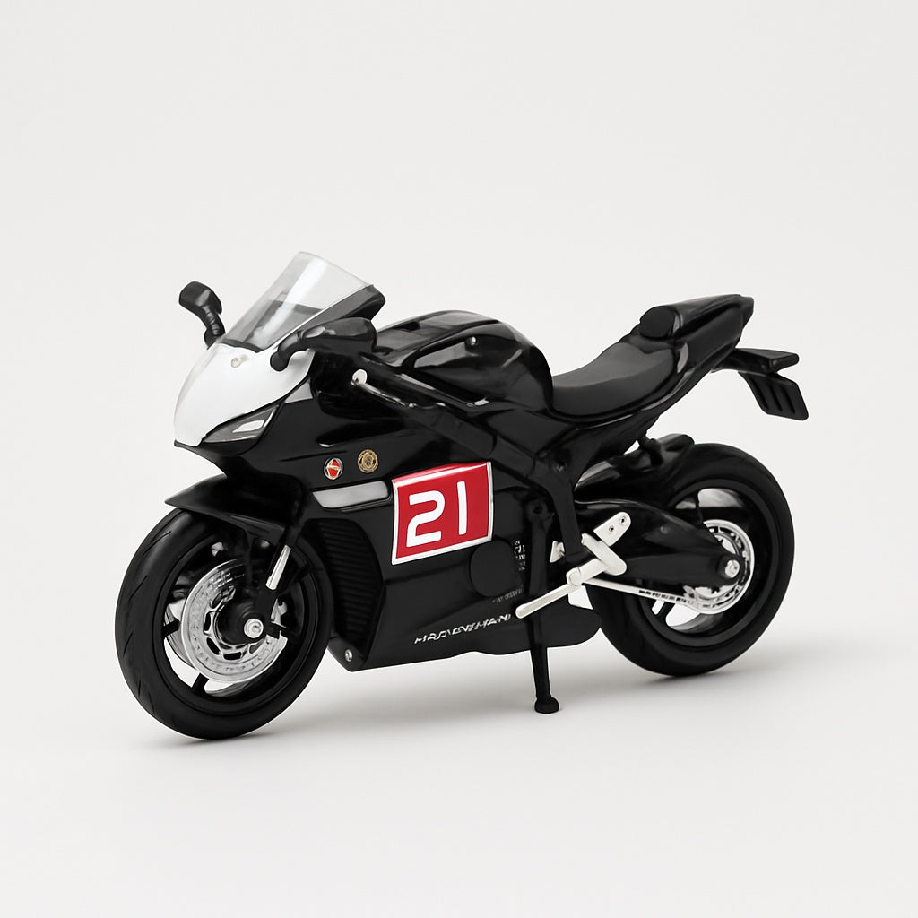 Motocicleta Metalica Die-Cast , Model Sport Racing Negru, Nr. 21, 19x9 cm, cu Vitrina Transparenta