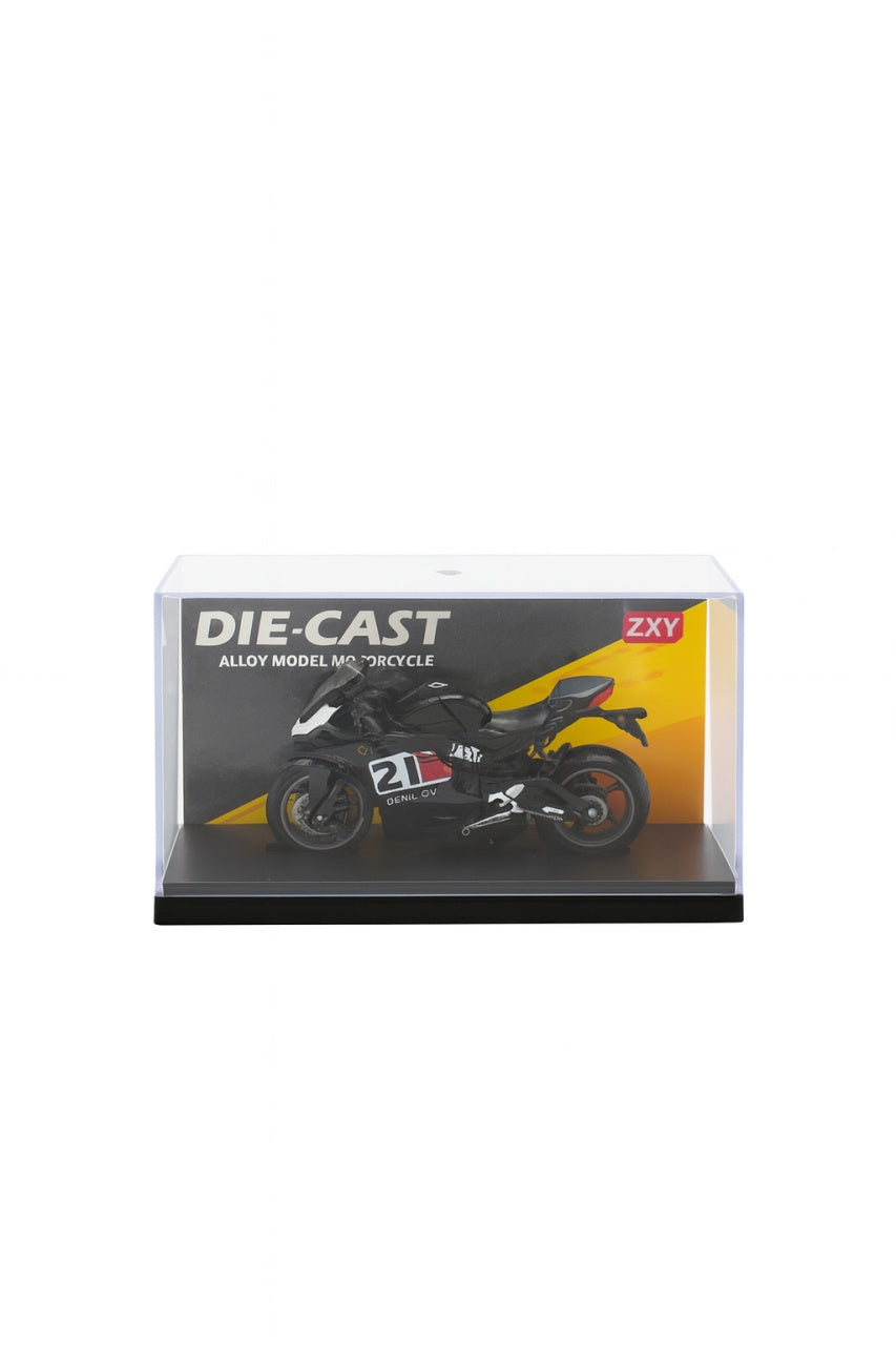 Motocicleta Metalica Die-Cast , Model Sport Racing Negru, Nr. 21, 19x9 cm, cu Vitrina Transparenta