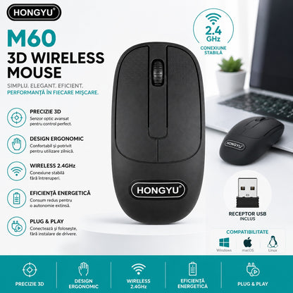 Mouse Wireless M60 Negru 2.4GHz – Mouse Optic Wireless Ergonomic cu Receptor USB pentru PC și Laptop