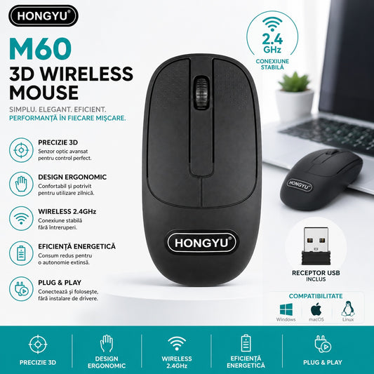 Mouse Wireless M60 Negru 2.4GHz – Mouse Optic Wireless Ergonomic cu Receptor USB pentru PC și Laptop