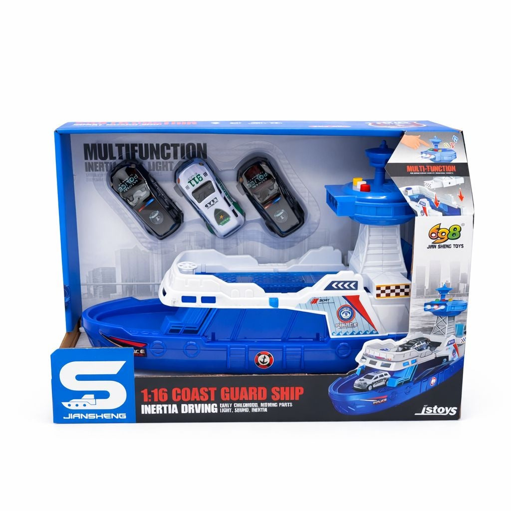 Nava politie tip paza de coasta cu masini, sunete si lumini, set multifunctional, 32x22.5x13 cm