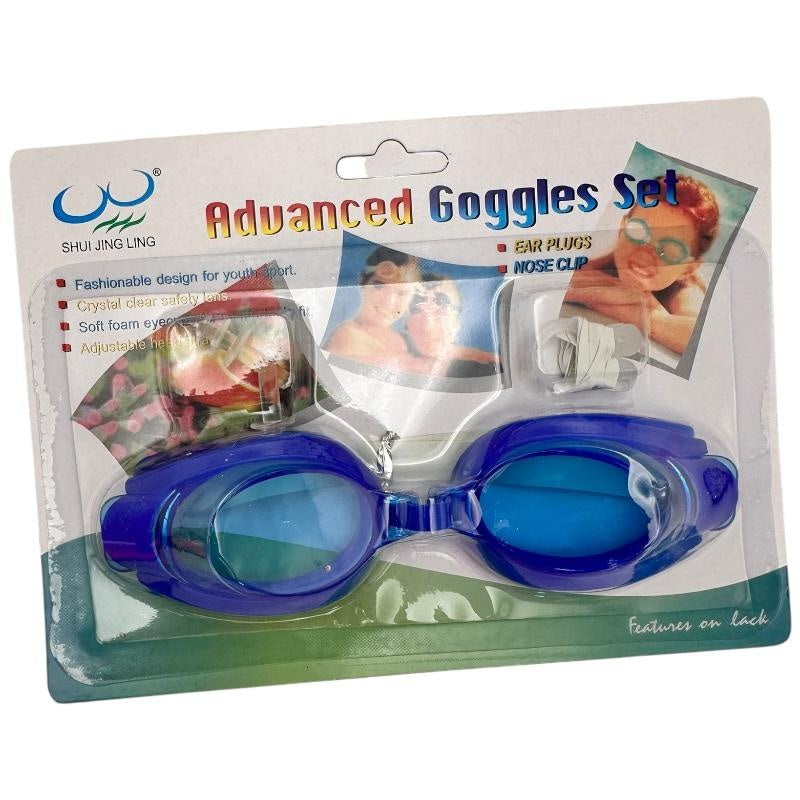 Ochelari de inot copii 15.5x3 cm cu dopuri de urechi si clema de nas , Lentile clare, design ajustabil , Diverse culori ,