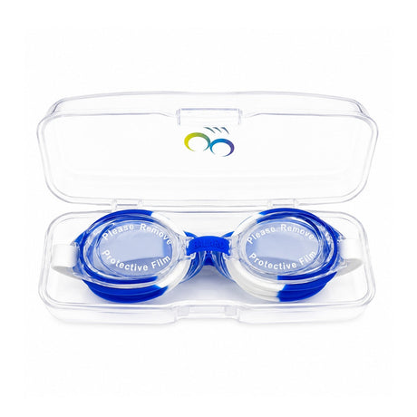 Ochelari de inot copii albastru-alb, reglabili, cu dopuri urechi silicon transparent