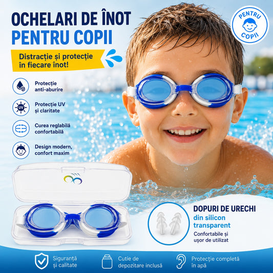Ochelari de inot copii albastru-alb, reglabili, cu dopuri urechi silicon transparent
