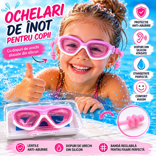 Ochelari de Inot Copii cu Dopuri de Urechi din Silicon, Anti-Aburire, Roz Alb, Reglabili