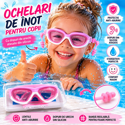 Ochelari de Inot Copii cu Dopuri de Urechi din Silicon, Anti-Aburire, Roz Alb, Reglabili