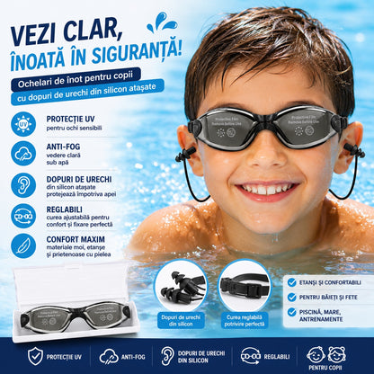 Ochelari de inot copii negri reglabili cu dopuri de urechi silicon anti-fog UV