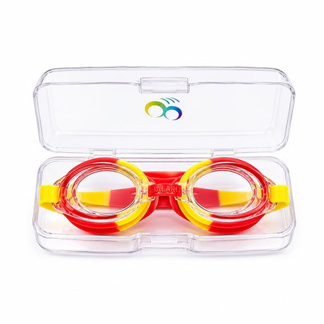 Ochelari de inot copii rosu-galben, reglabili, cu dopuri urechi silicon transparent