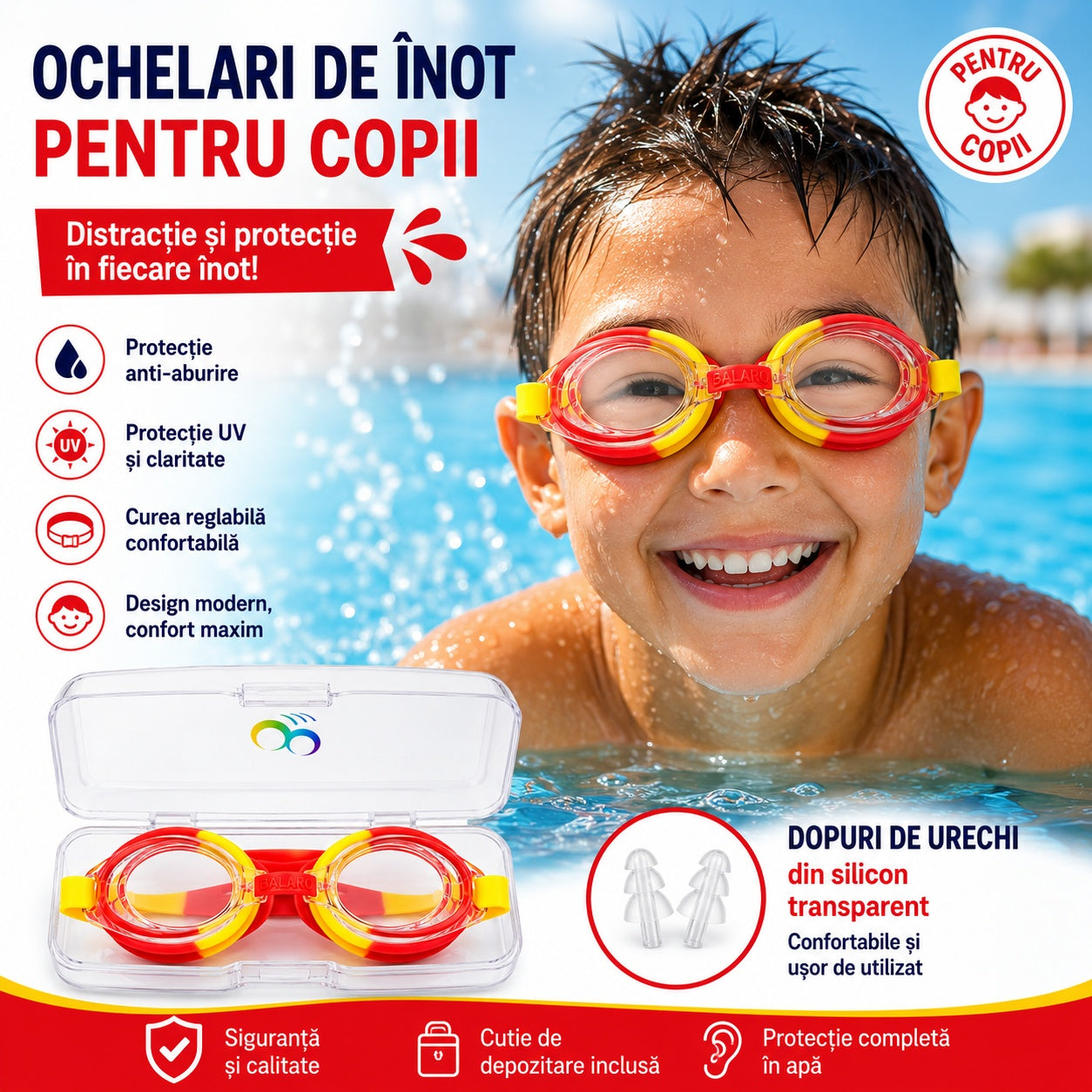 Ochelari de inot copii rosu-galben, reglabili, cu dopuri urechi silicon transparent