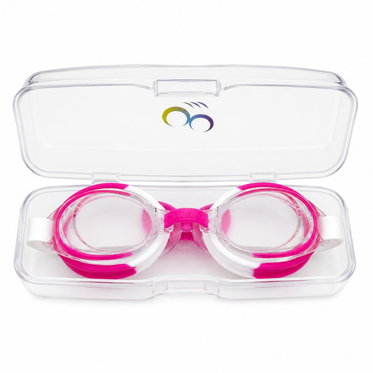 Ochelari de inot copii roz-alb, reglabili, cu dopuri urechi silicon transparent
