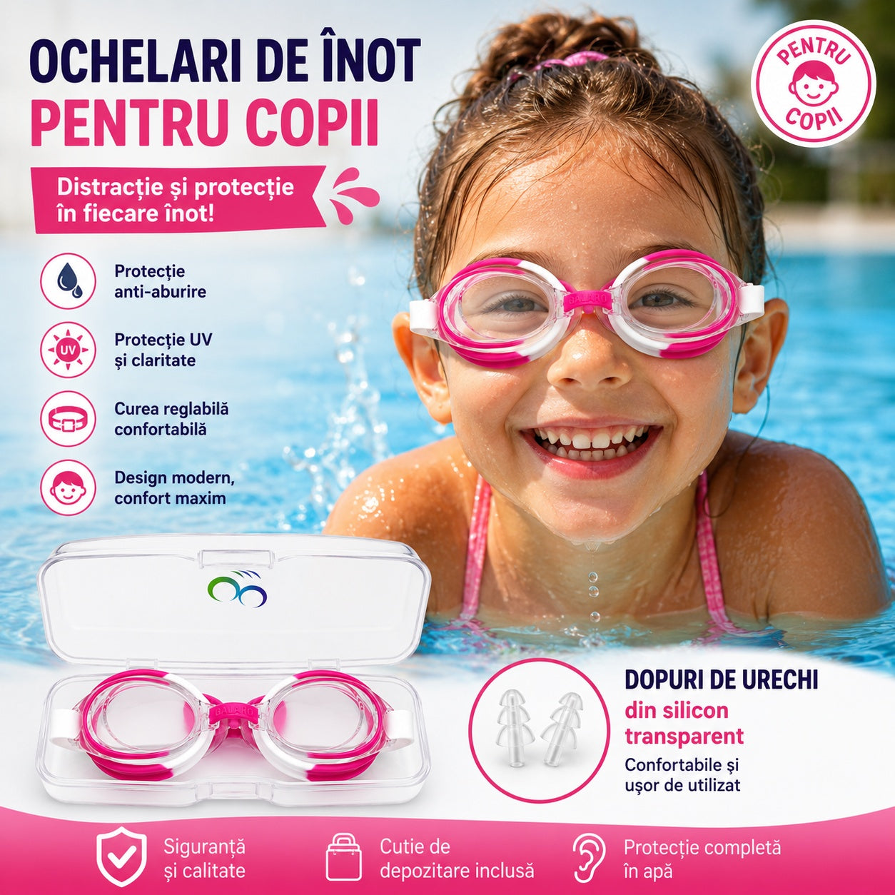 Ochelari de inot copii roz-alb, reglabili, cu dopuri urechi silicon transparent