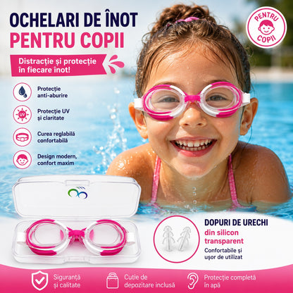 Ochelari de inot copii roz-alb, reglabili, cu dopuri urechi silicon transparent