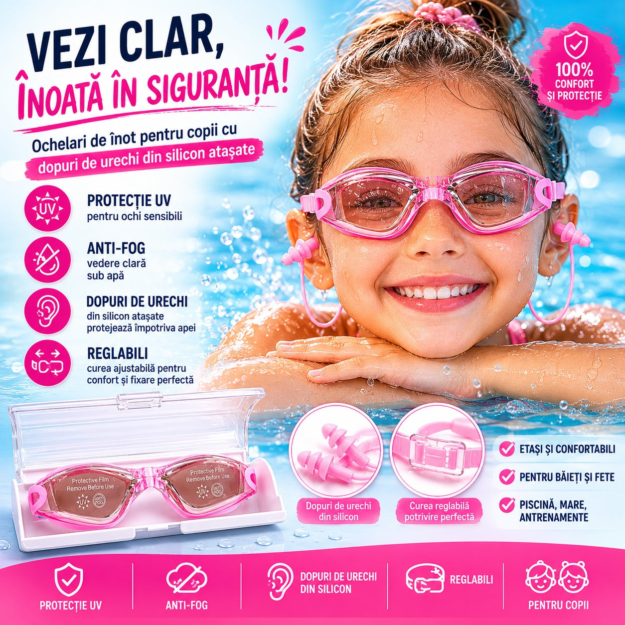 Ochelari de inot copii roz reglabili cu dopuri de urechi silicon anti-fog UV
