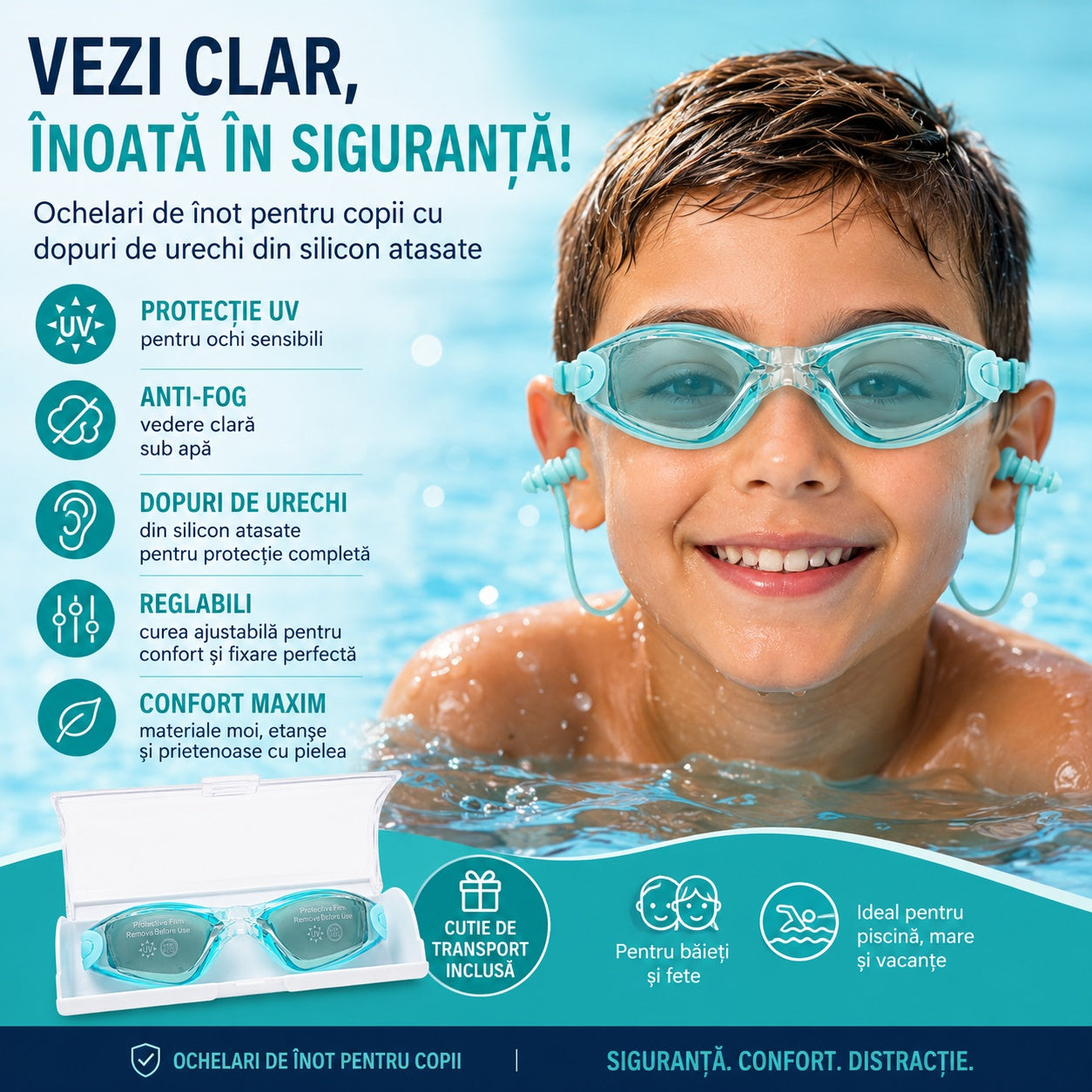 Ochelari de inot copii turcoaz reglabili cu dopuri de urechi silicon anti-fog UV